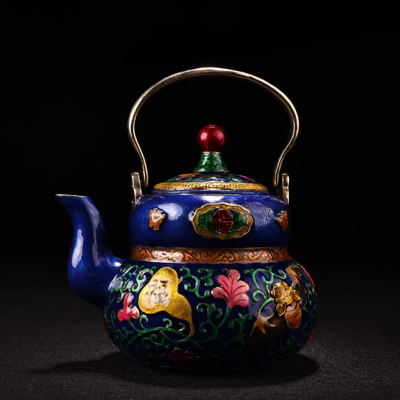 

6" Tibetan Temple Collection Bronze Cloisonne Enamel gourd flagon teapot Lifting beam pot office ornament Town house Exorcism