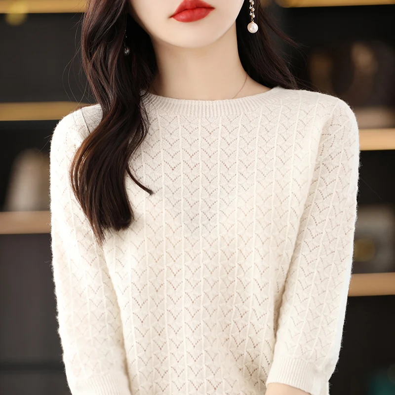 

Summer New Women O-neck Pullover Sweater Solid Color Knitted Hollow Short Sleeve Fashion Design Thin 100% Pure Wool T-shirt