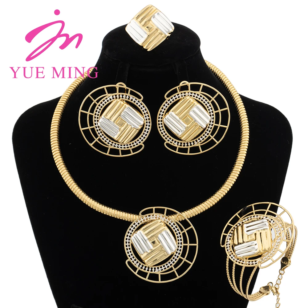 

YM Jewelry Set For Women Gold Plated Necklace Geometry Pendant Two-Tone Earrings Luxury Wedding Party Bangles Adjustable Ring