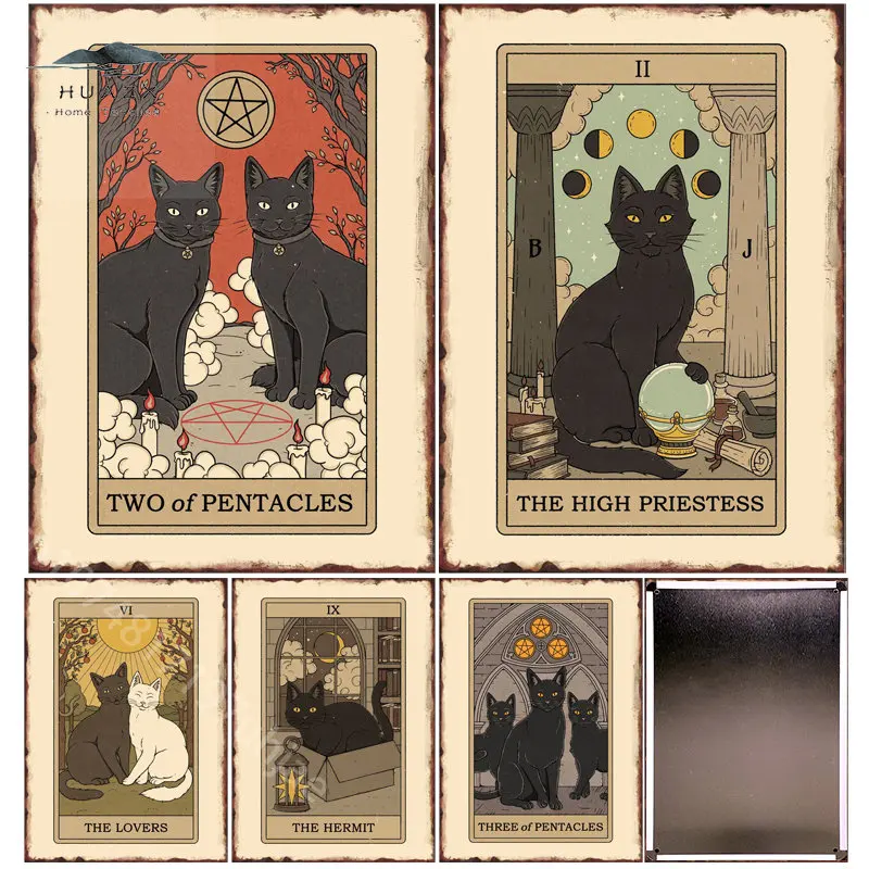 

Tarot Black Cat Metal Tin Sign Poster Abstract Wall Artistic Psychedelic Ceremony Destiny Pentagram Prints Room Decor Aesthetic