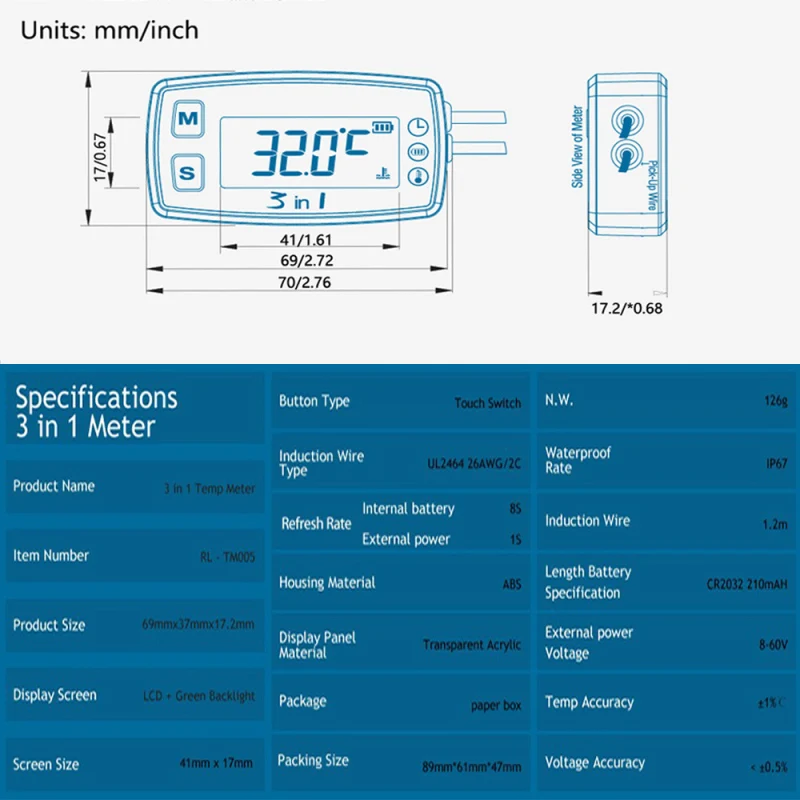 Устройство измерения температуры и напряжения 3 в 1 водонепроницаемый Ip65