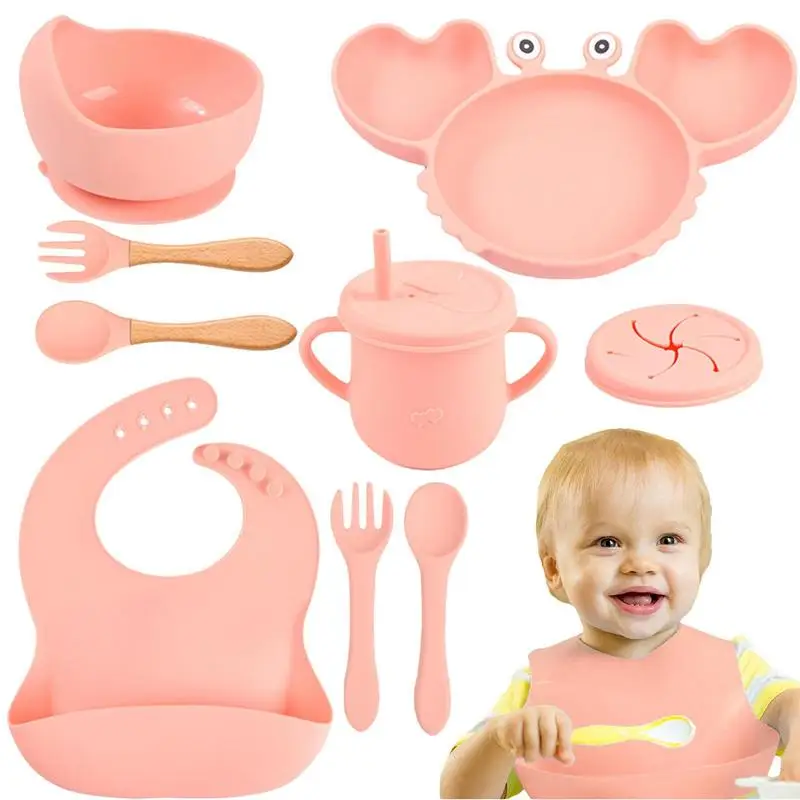 

Baby Dish Baby Bowls Plates And Spoons Set Crab Kawaii Dishes Food Silicone Feeding Bowl Non-Slip Babies Tableware Set 9PCS