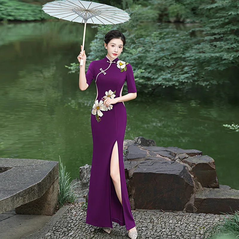 Длинное платье-русалка Cheongsam с фиолетовым принтом модное утягивающее платье