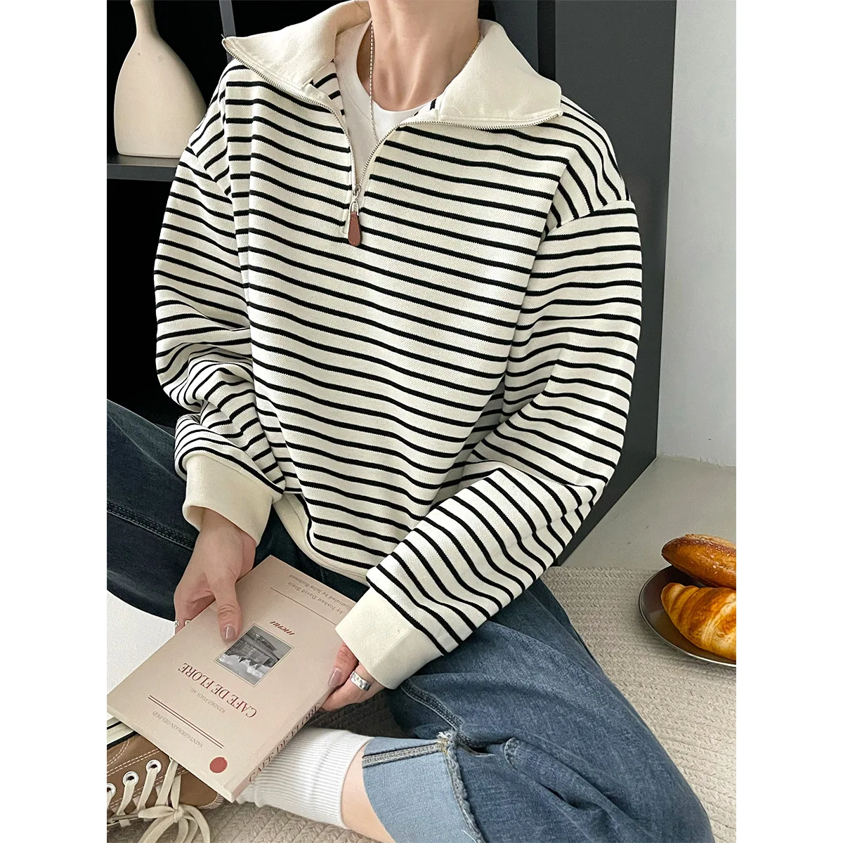 

2022 Autumn Long Sleeve Women Striped Cotton Hoodies Polo Neck Women Long Sleeve Hoodie Pullovers New Clothes Women Tops