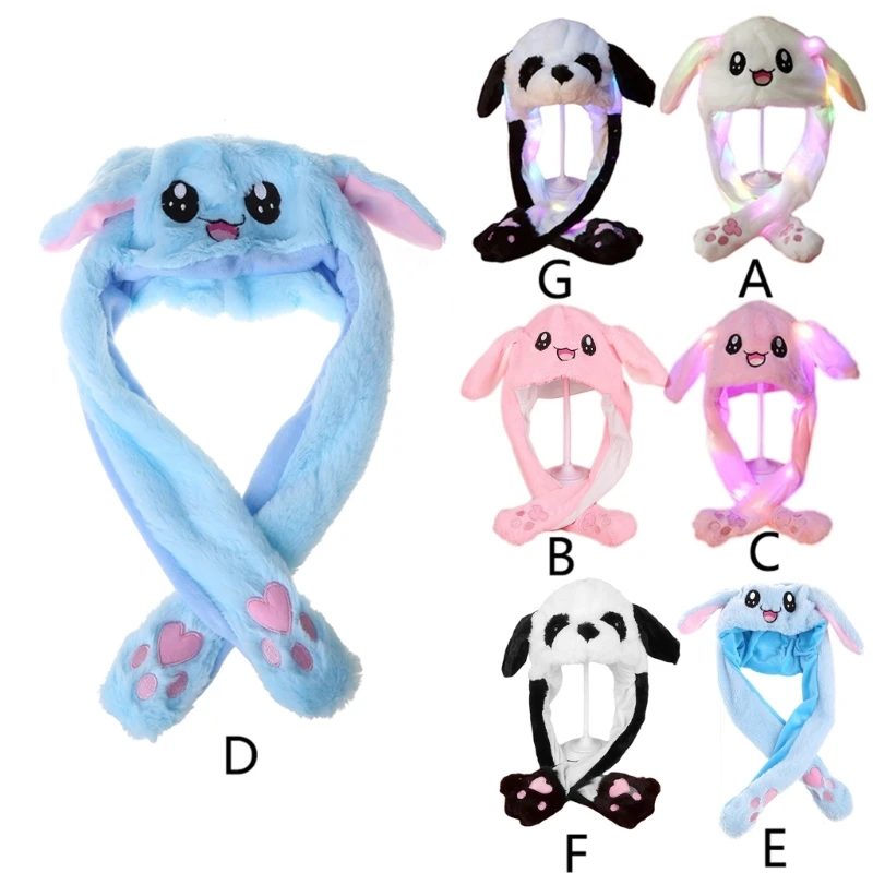 

Cartoon Rabbit Beanie Hat Winter Plush Moving Bunny Ears LED Glowing Earflaps Stuffed Plush Toy Hat for Women Girls