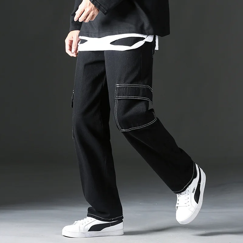 Mens Baggy Pants Cargo Jeans Korean Men Fashion Large Pocket Open Line Jeans Loose Straight Fashion Lace up Men's Wide Leg Pants