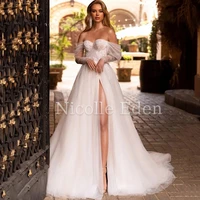nicolle eden a line boat neck romantic wedding dress for women 2022 long sleeves lace split sexy backless tulle