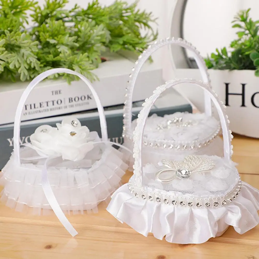 

Обручальное кольцо в виде корзины, Цветочный декор, искусственное кольцо, держатель для кольца в форме сердца, сетчатый держатель для кольца, кружевной тканевый держатель для кольца с бантом