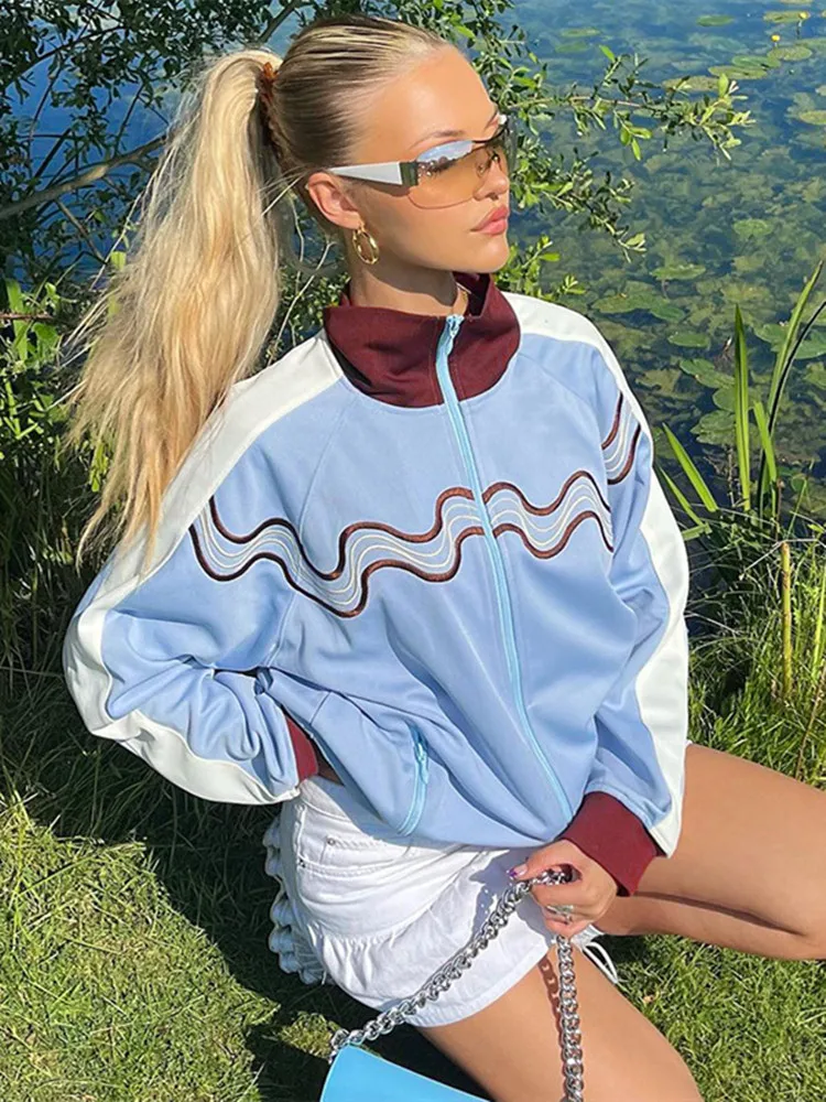 

hirigin 2022 Print Oversized Jacket Women Y2K Long Sleeve Patchwork Autumn Winter Blue Fashion Streetwear Coat Casual