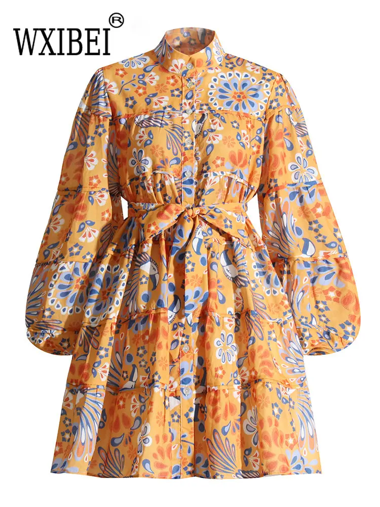 

WXIBEI Slim Dresses For Women Stand Collar Lantern Sleeve High Waist Folds Patchwork Lace Up Mini Dress Female Autumn 2022 FC072