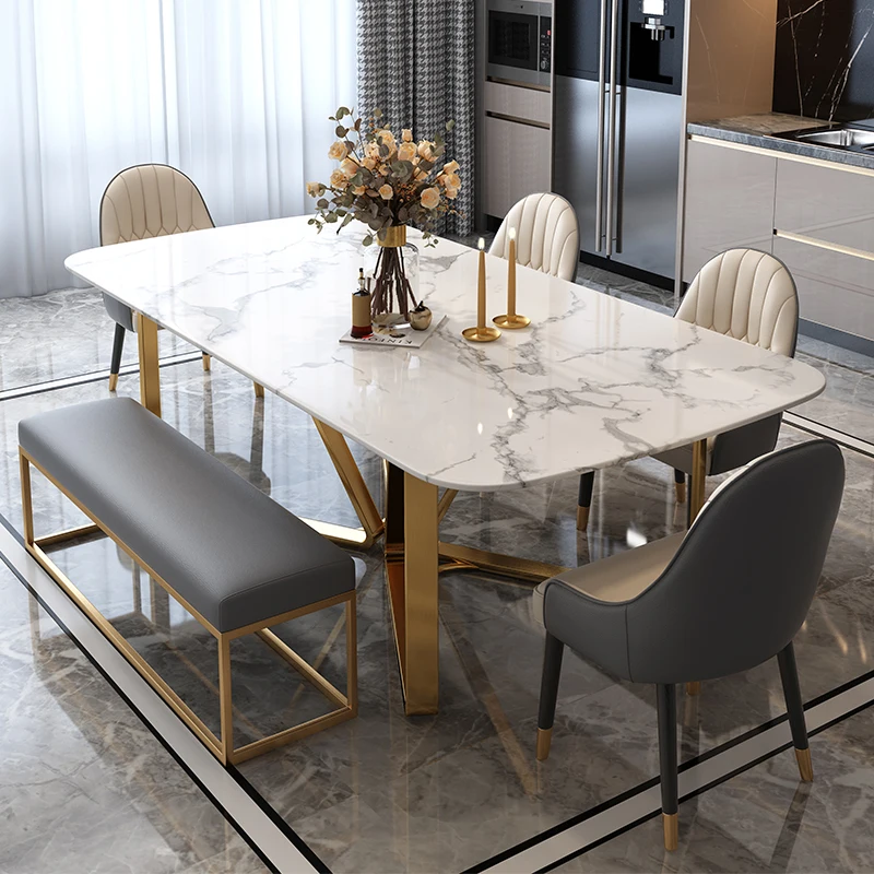 Металлический роскошный мраморный стол, обеденный прямоугольный стол для дома, Современная Минималистичная каменная плита, маленькая мебель для салона FGM