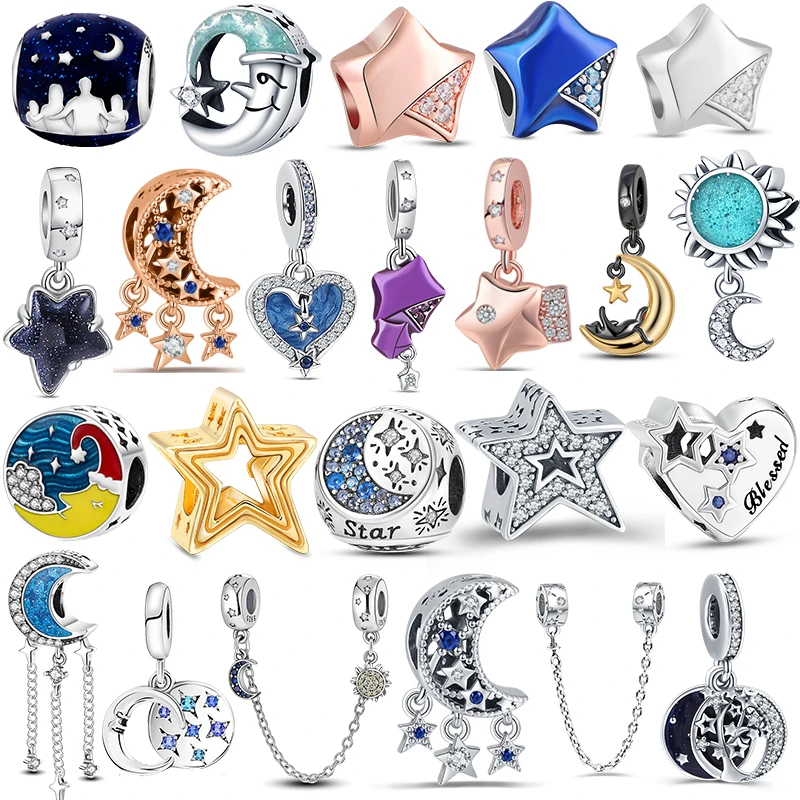 

Sparkling 925 Silver Crescent Moon Celestial Galaxy Star Charm Dangle Fit Original Pandora Bracelet Jewelry Pendant Bead Gift