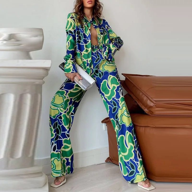 

Female Two-Piece Set Fashion Printed Loose Long Sleeved Shirt+Straight Leg Pants Suit Outfits Women's Clothing For Four Seasons