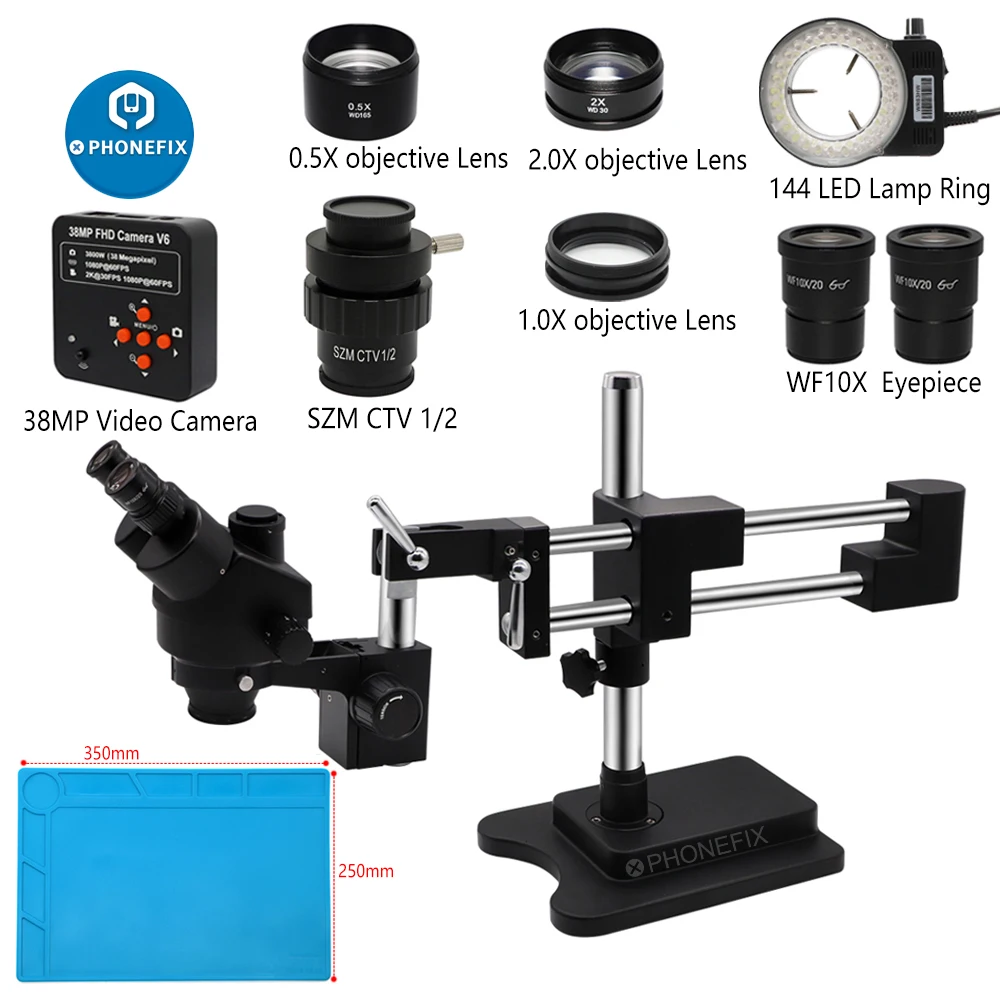 

3.5X 90X Simul-Focal Double Boom Stand Trinocular Stereo Zoom Microscope with 38MP HDMI USB Camera 144 LED Light for PCB Repair