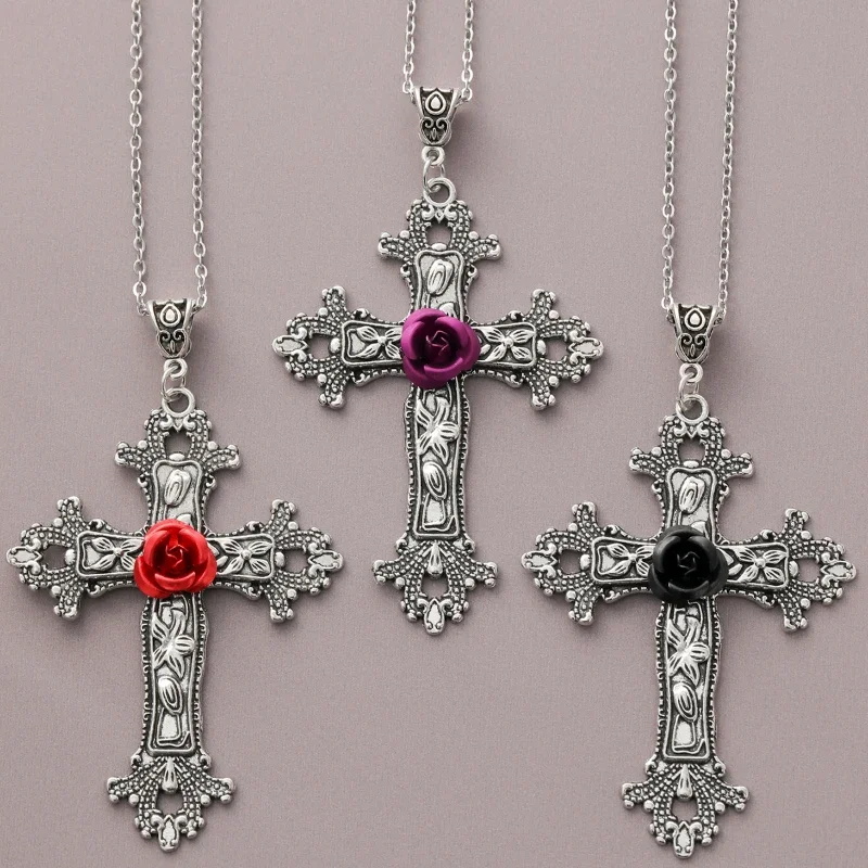 Ожерелье с подвеской в виде больших роз серебряный крест стиле ретро женский