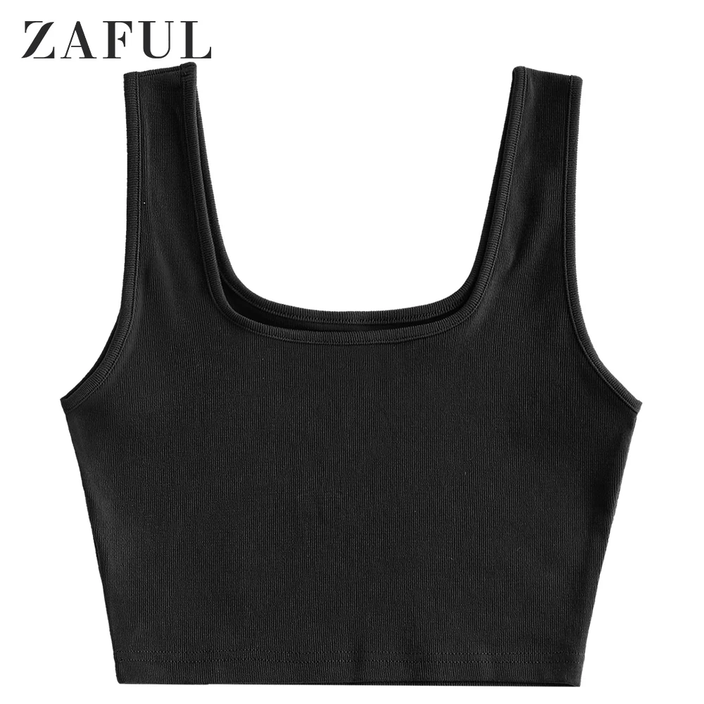 

ZAFUL Plain Ribbed Cropped Tank Top U Neck Solid Cotton Tank Top Women Tank Top Elastic 2021 Spring Summer Festival Fashion