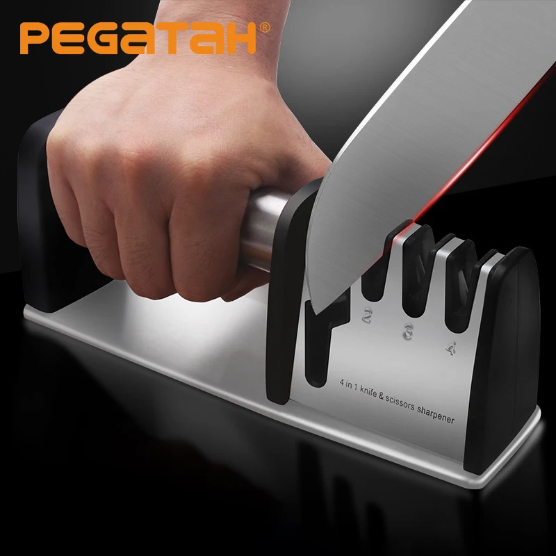 

Точилка для ножей 4 в 1 с двумя режущими перчатками, оригинальные высококачественные полированные лезвия, лучшие кухонные ножи, точильный камень