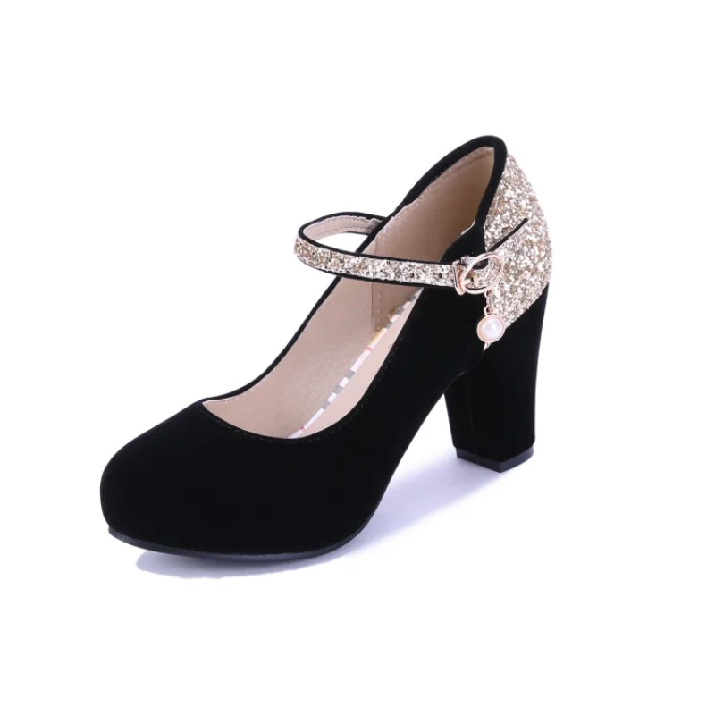 

Big Size ladies high heels women shoes woman pumps Suede round head, thick heel and high heel color-matching buckle