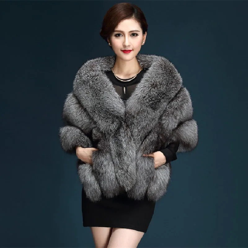 

2022 Fashion Autumn Winter Woman Faux-Fox Fur Shawl Vest Jackets Cloak Coat Female Fur Cape Waistcoat Mantle With-Pockets JH541