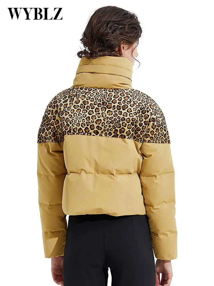 Autumn Winter Women Zipper Leopard Stitched Cropped Jacket Fashion Brown Warm Padded Coat Casual Long Sleeve Streetwear Jackets