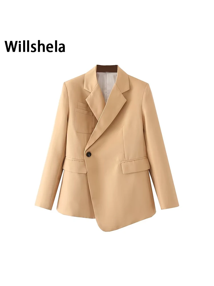 

Willshela Women Fashion With Pockets Solid Single Button Blazer Vintage Long Sleeves Notched Neck Female Office Lady Outfits