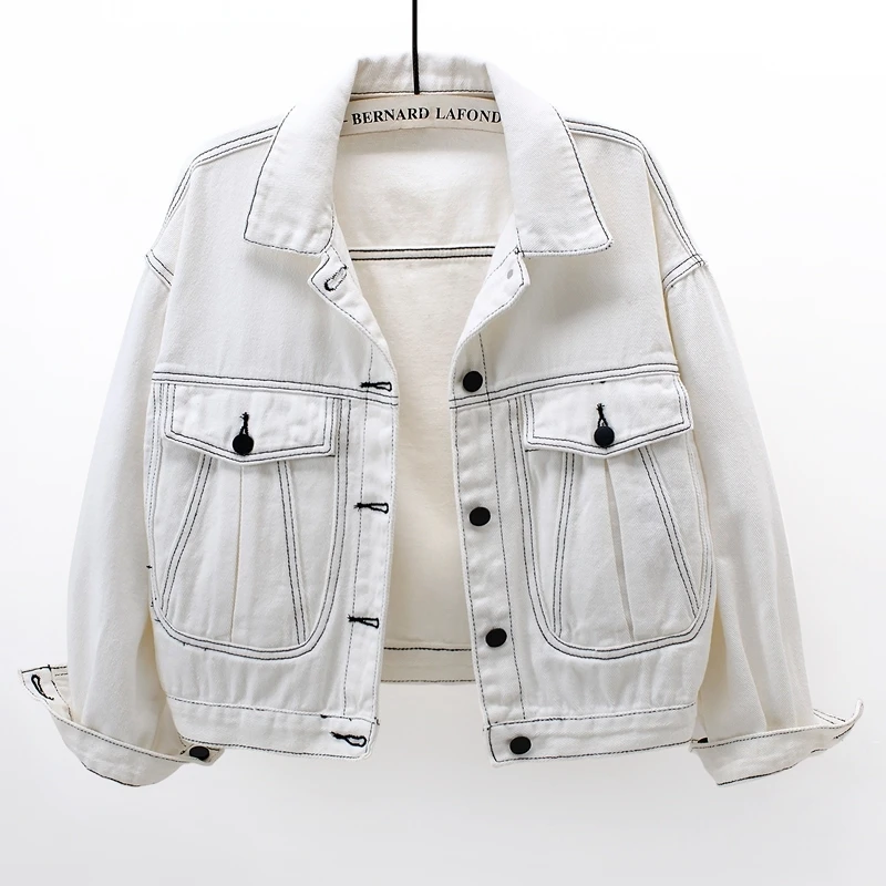 

Autumn Fashion Beige Big Pocket Denim Jacket Women Loose Short Student Cowboy Outerwear Korean Long Sleeve Jeans Jackets Female
