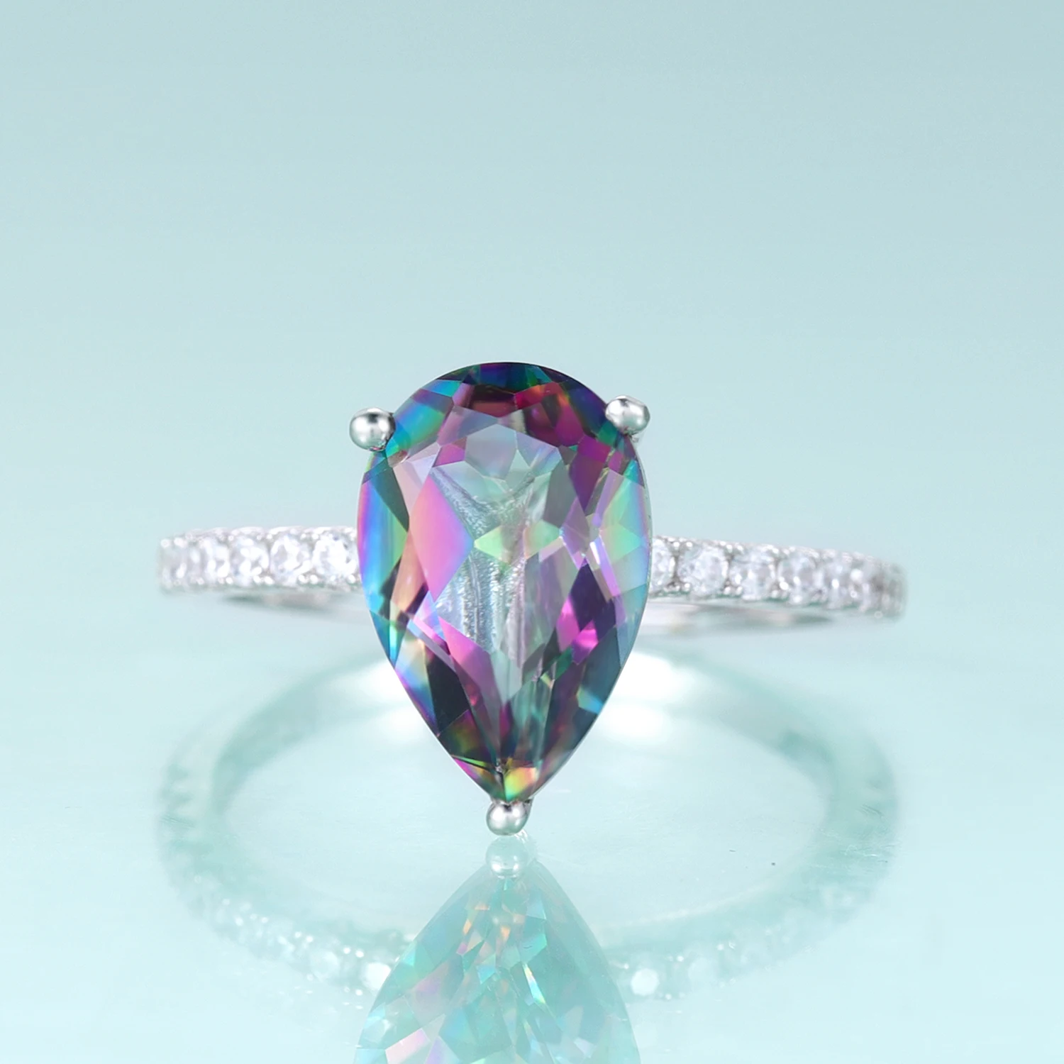 

GEM'S BALLET Classic Pear Shape Rainbow Mystic Quartz Gemstone Engagement Rings 925 Sterling Silver Dainty Promise Ring