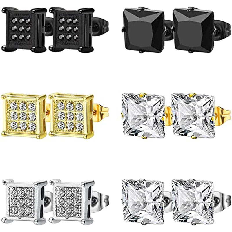 

6 Pairs Stainless Steel Stud Earrings Set Hypoallergenic Earrings Set with Cubic Zirconia Stud Earrings Unisex Gold Black Steel
