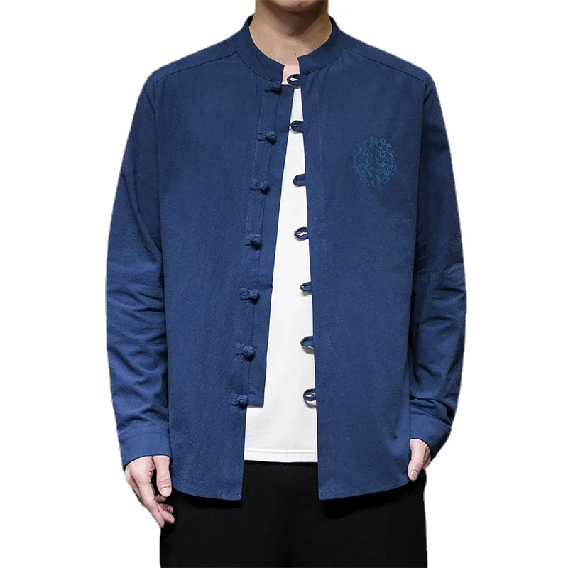 

Мужская Однотонная рубашка с вышивкой, модная уличная одежда в китайском стиле Харадзюку, рубашка с длинным рукавом, мужской топ размера 5XL, 2023