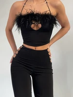 tossy women feather hollow out black pants and cropped top suits summer sexy club party two piece set fashion streetwear y2k