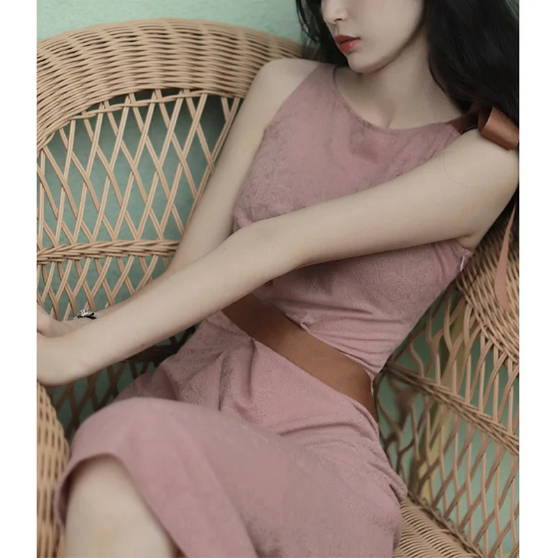 

Don't Ask Series Ru Pink Commuter Asymmetric Vertical Cut Skirt High Sense Tied Dress Mid-Length Skirt