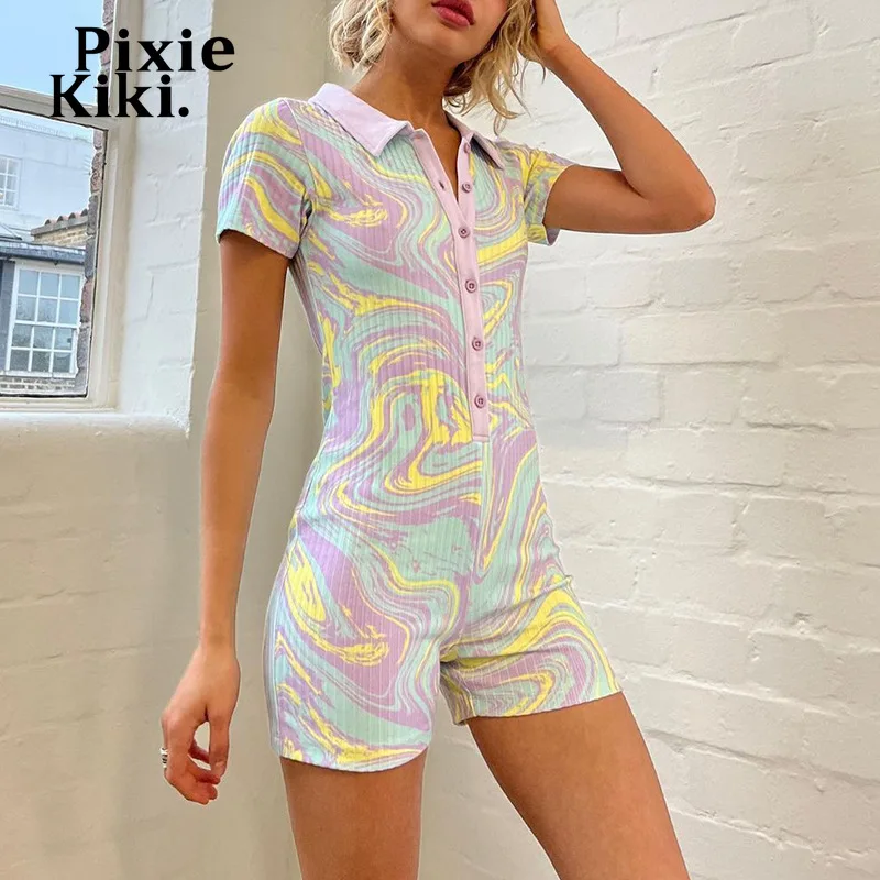 

Модный женский короткий комбинезон PixieKiki с принтом, лето 2022, цельнокроеный спортивный комбинезон на пуговицах с коротким рукавом