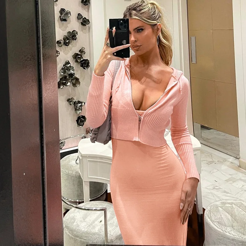 

Кардиган с капюшоном и длинным рукавом, однотонное облегающее платье-свитер на бретелях, до щиколотки, на молнии, осень 2023