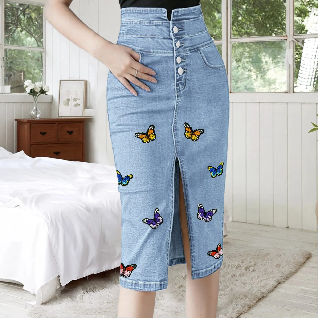 

Colorful Butterfly Print Blue Jeans Skirt Women Fashion Button High Waist Midi Bodycon Skirt Woman Sexy Front Split Denim Skirts