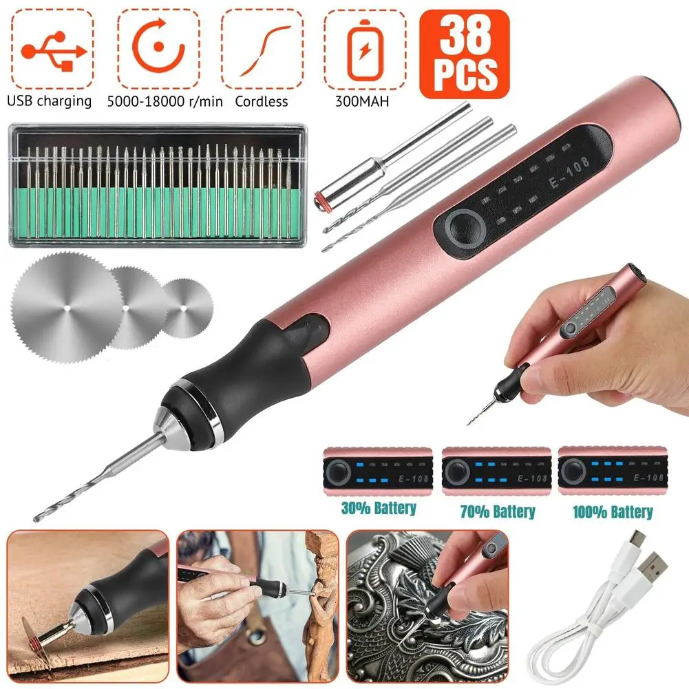 

38pcs Electric Engraving Pen With Drill Bits 3 Levels Adjustable Speed USB Charging Wireless Engraver Engraving Tool