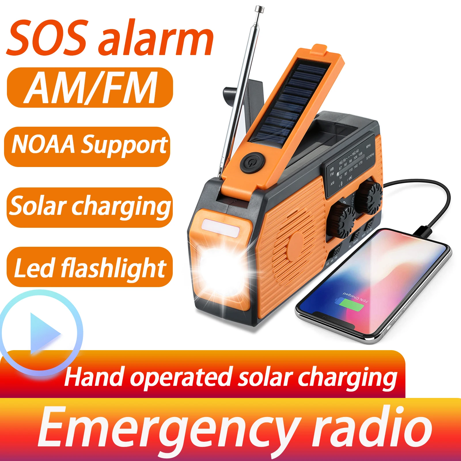 

Многофункциональная ручная Солнечная USB зарядка FM AM WB NOAA радио экстренный Фонарик светодиодный 5000 мАч для кемпинга