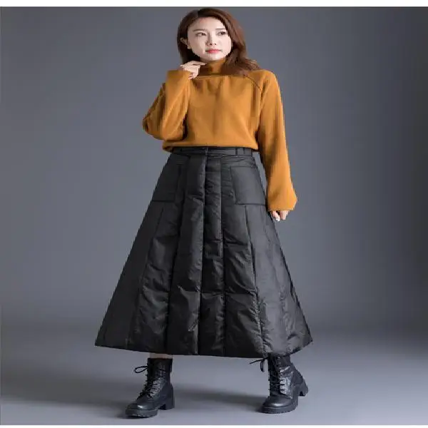 Duck Down Plus Size Winter Maxi Skirts Womens Black Vintage 2022 High Waist Clothes Casual Loose Quilt Long for Women 3XL | Женская
