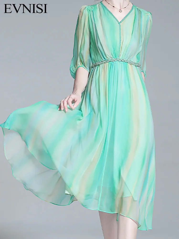 

EVNISI Chic Women Green Chiffon Dress V-Neck Elegant Office A-line Fairy Dresses Casual For Women Party Vestido Spring 2023