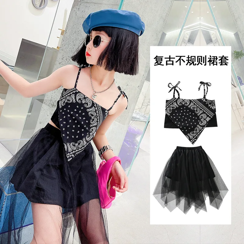 

Teenage Girls Sling Dress Set 2022 Summer Children's Retro Sling Top Vest + Irregular Yarn Skirt for Kids Jazz Dance Suit 2PCS