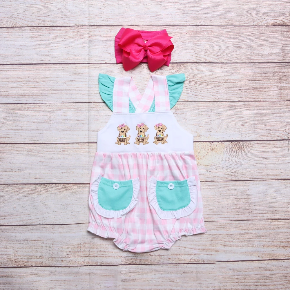 

One-Piece Cotton Clothes For Summer New Style Cute Puppy Embroidery Romper Pretty Pink Grid Jumpsuit For 0-3T Girl
