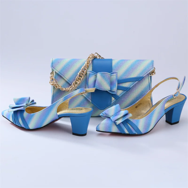 

Italian Design Newest Colorful Stripes Pattern Sweet Style Noble Sky Blue Color Shoes and Bag Set for Party Wedding