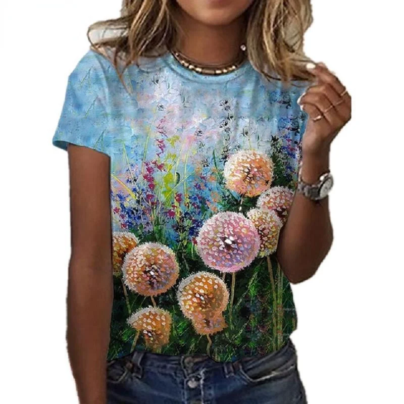 

Summer Short Sleeve Harajuku Oil Painting Flower Printing 3D Printing Women's Casual Foreign Style Round Neck T-shirt 2021