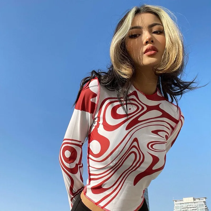 

Printed O Neck T Shirt Fashion Women Chic Clubwear Graphic Casual Long Sleeve Summer Tops Ropa Mujer Ey*