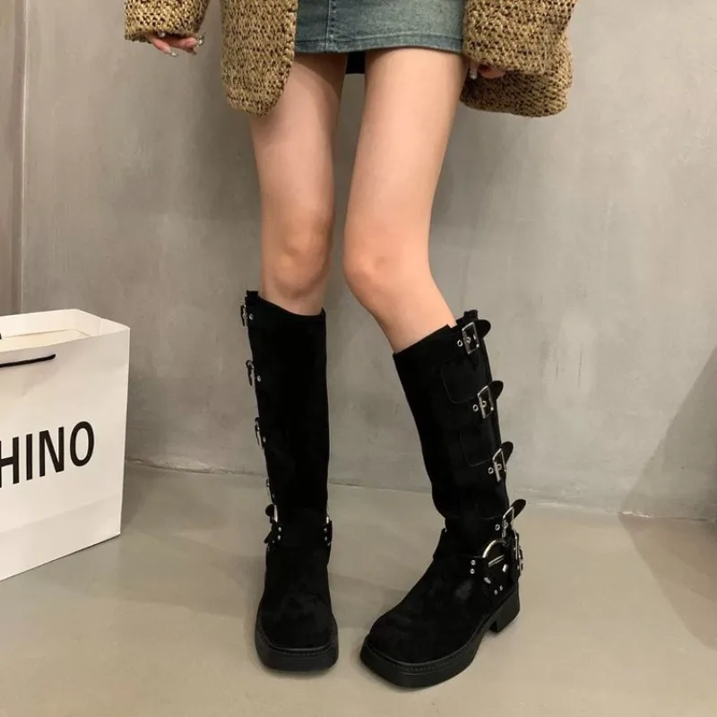 

Женские сапоги с пряжкой и ремешком, сапоги до колена с круглым носком, на квадратном каблуке, 2023