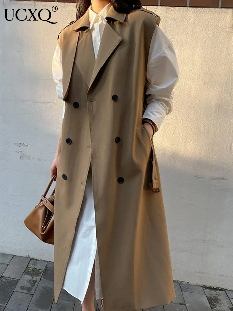 

UCXQ Autumn 2023 New Long Khaki Sleeveless Trench Coat For Women With Belt Double Breasted Loose Casual Vest 2023 New Arrivals