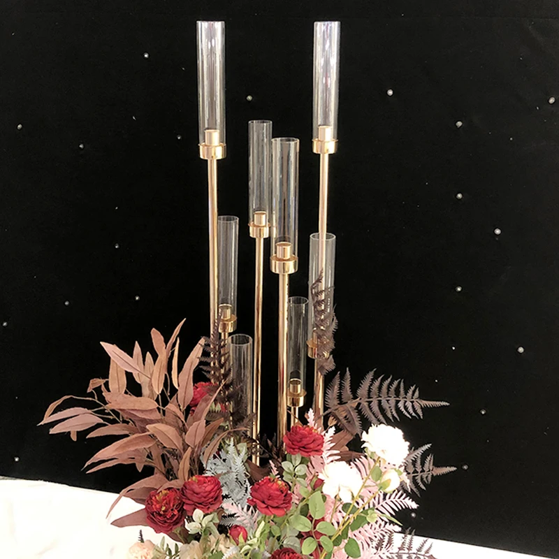 10/8 Heads Metal Candelabra Candle Holders Road Lead Table Centerpiece Gold Candelabrum Stand Pillar Candlestick for Wedding 10