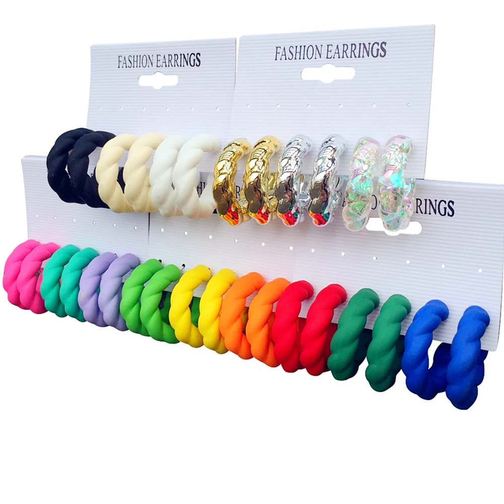 

Korean 3 Pair/Set Acrylic Twisted Circle Hoop Earrings Dopamine Color Screw Thread C-Shaped Drop Earring for Women Jewelry Sets