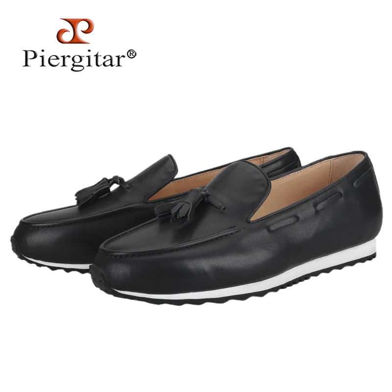 

Piergitar Black Calfskin Belgian Style Active Sneakers With Handmade Tassel Breathable Leather Insole Black/White Rubber Outsole