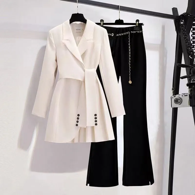 

Two-piece Set New Fashion Spring New Long Sleeved Trousers Lapel Leisure Suit Elegant Button Belt Decorative Women Coat Pants
