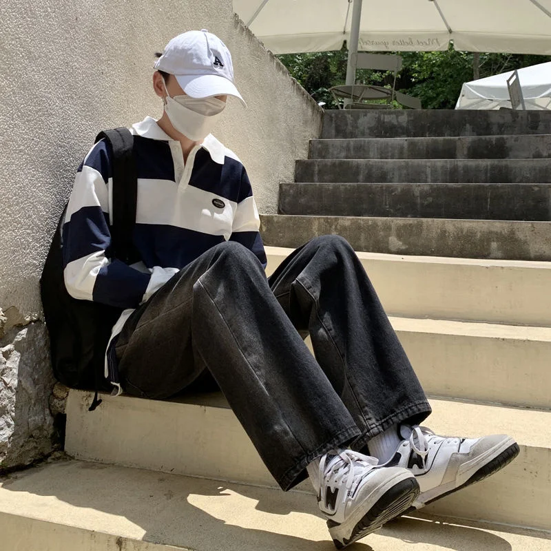 Blue/Black Baggy Jeans Men Fashion Retro Casual Straight Jeans Mens Japanese Streetwear Loose Hip Hop Denim Pants Mens Trousers